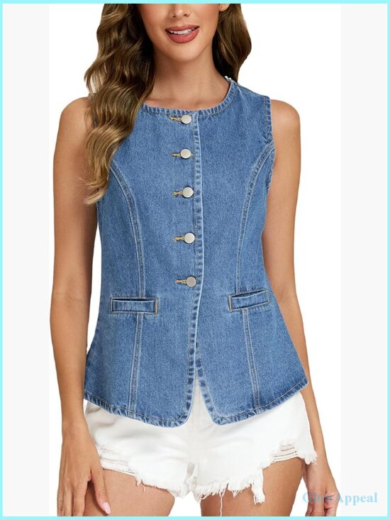 Jackets & Blazers - Sleeveless Denim Vest Top with Pockets Button Down Jean Waistcoat